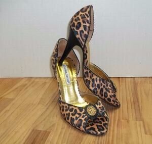 Charles David Leopard Heels Jeweled Open Toe 3 3/4 Inch Heel Sz 5 1/2 Gorgeous!